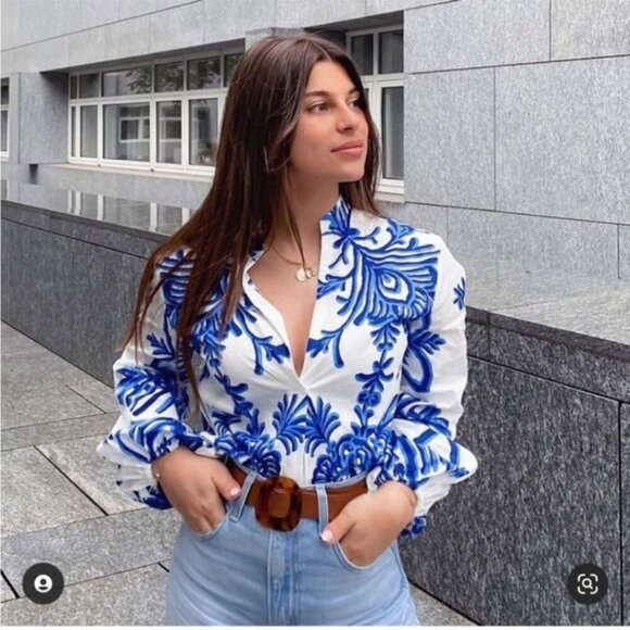ZARA Blue White Printed Blouse Top Women’s Size Small | Lightweight Chic - Picture 2 of 14